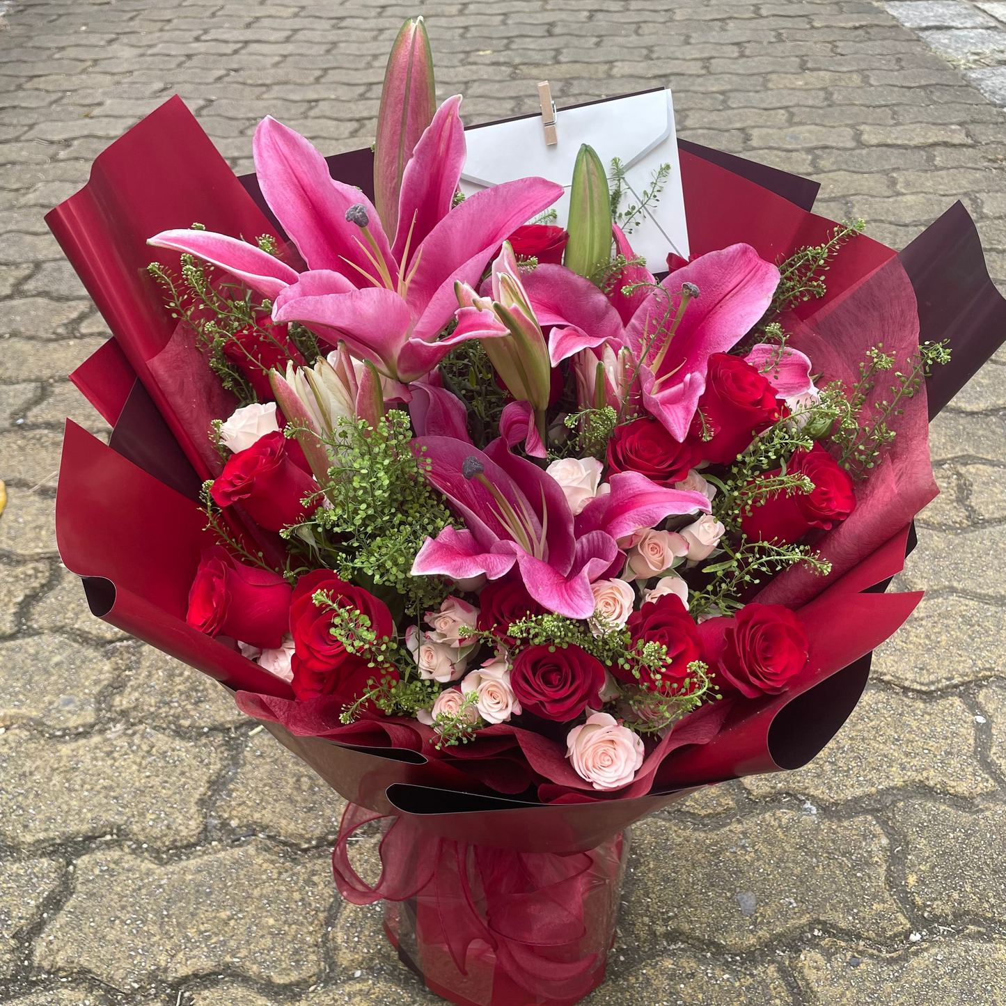 香港花店|Red Bouquet 百合紅玫瑰鮮花 即日鮮花