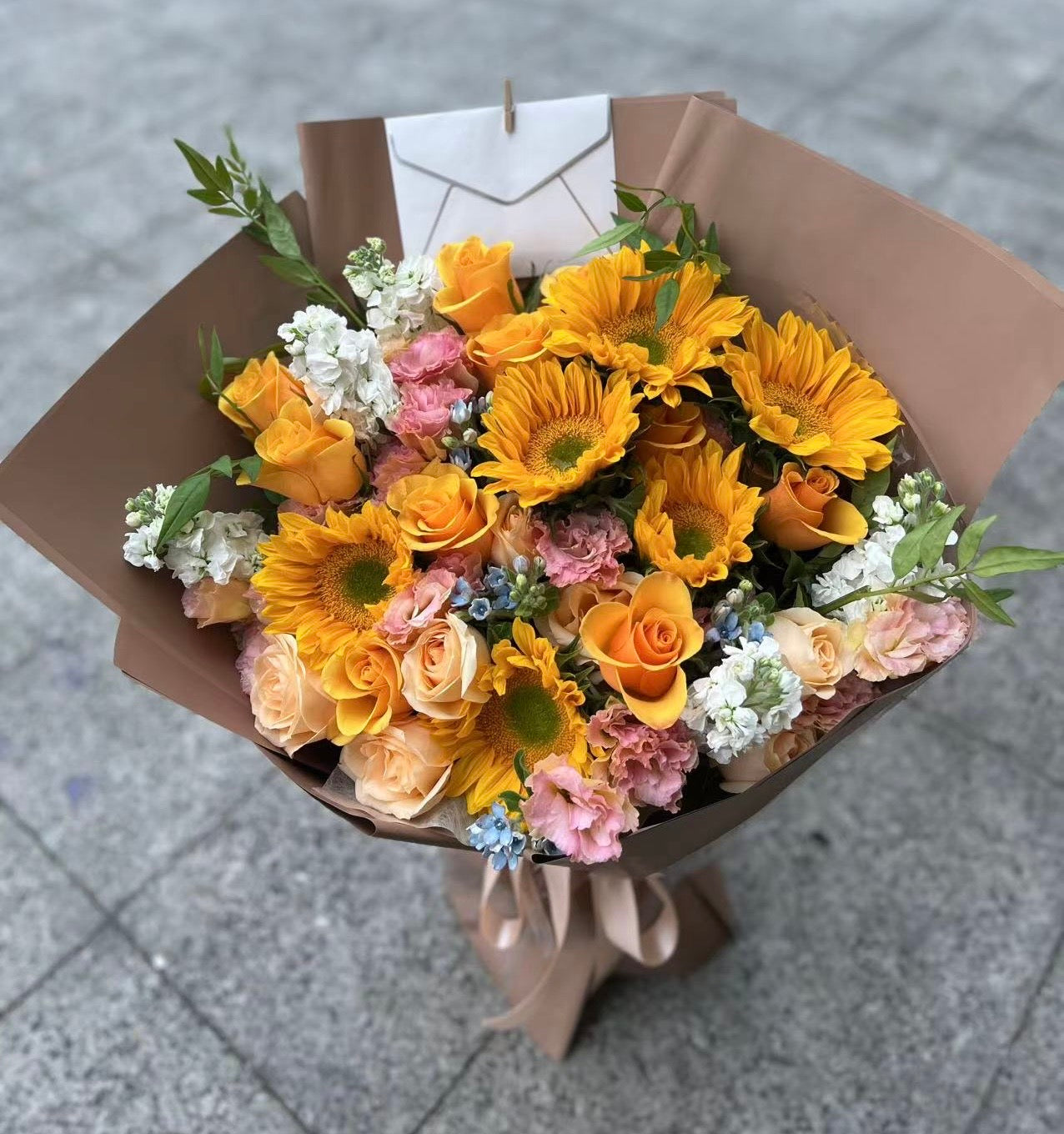 Orange Bouquet橙色花束 太陽花香檳玫瑰大花束