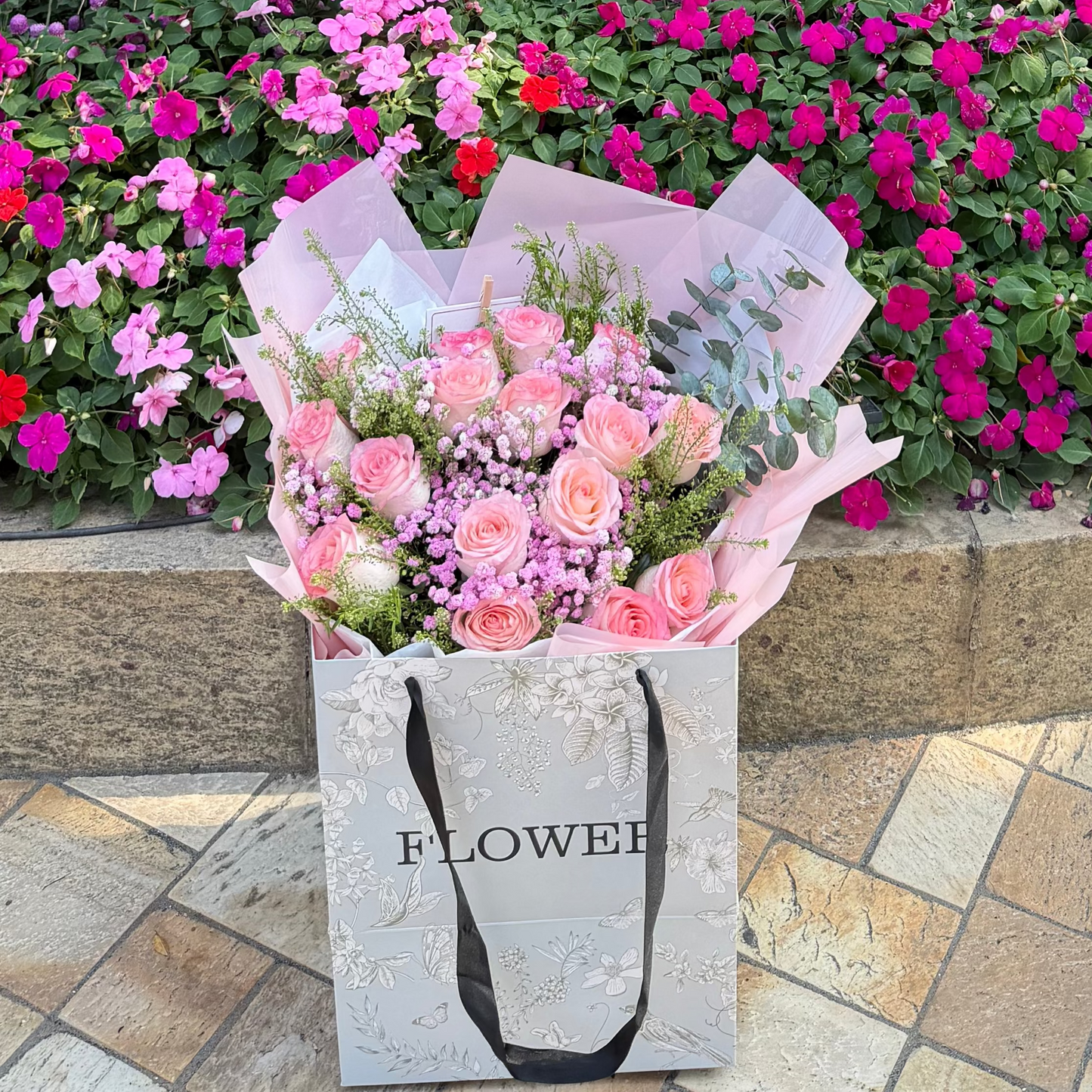 Hong Kong florists|Pink Bouquet 粉玫瑰尤加利葉鮮花 即日送貨
