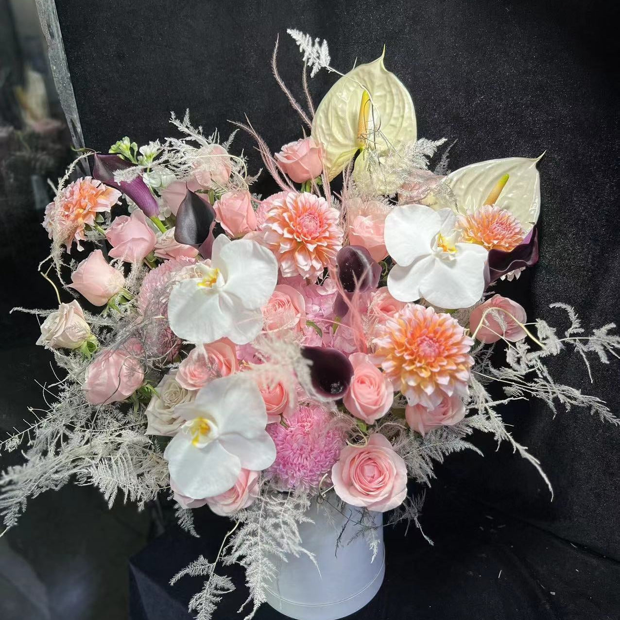 香港花店|Pink Rose Flower Box粉色系花桶 粉玫瑰蝴蝶蘭大麗花