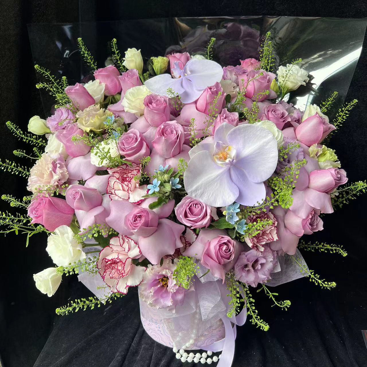 香港花店|Purple Rose Box紫玫瑰花桶 蝴蝶蘭紫色系花盒 即日送貨