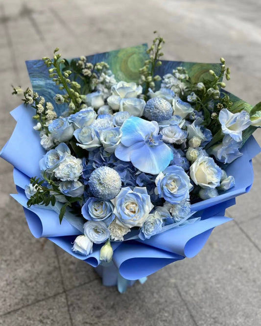 Blue Flower Bouquet藍色花束 男士鮮花 藍白玫瑰蝴蝶蘭