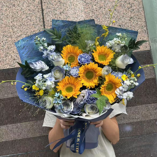 香港花店|Sunflower bouquet Graduation bouquet 5枝太陽花藍玫瑰鮮花 畢業鮮花