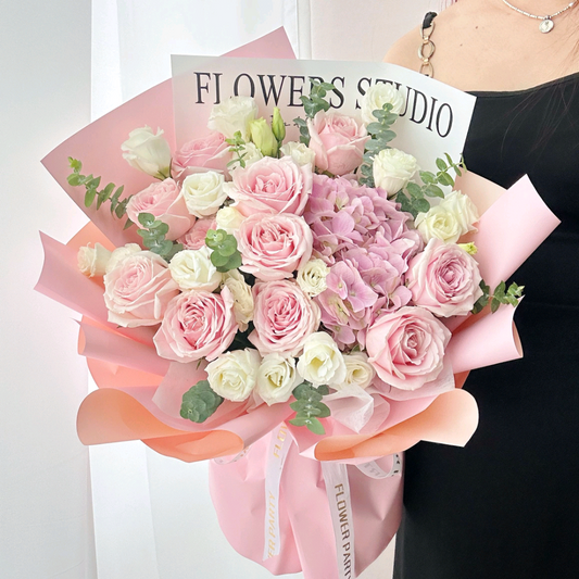 Pink Roses and Hydrangeas Real Flower J90