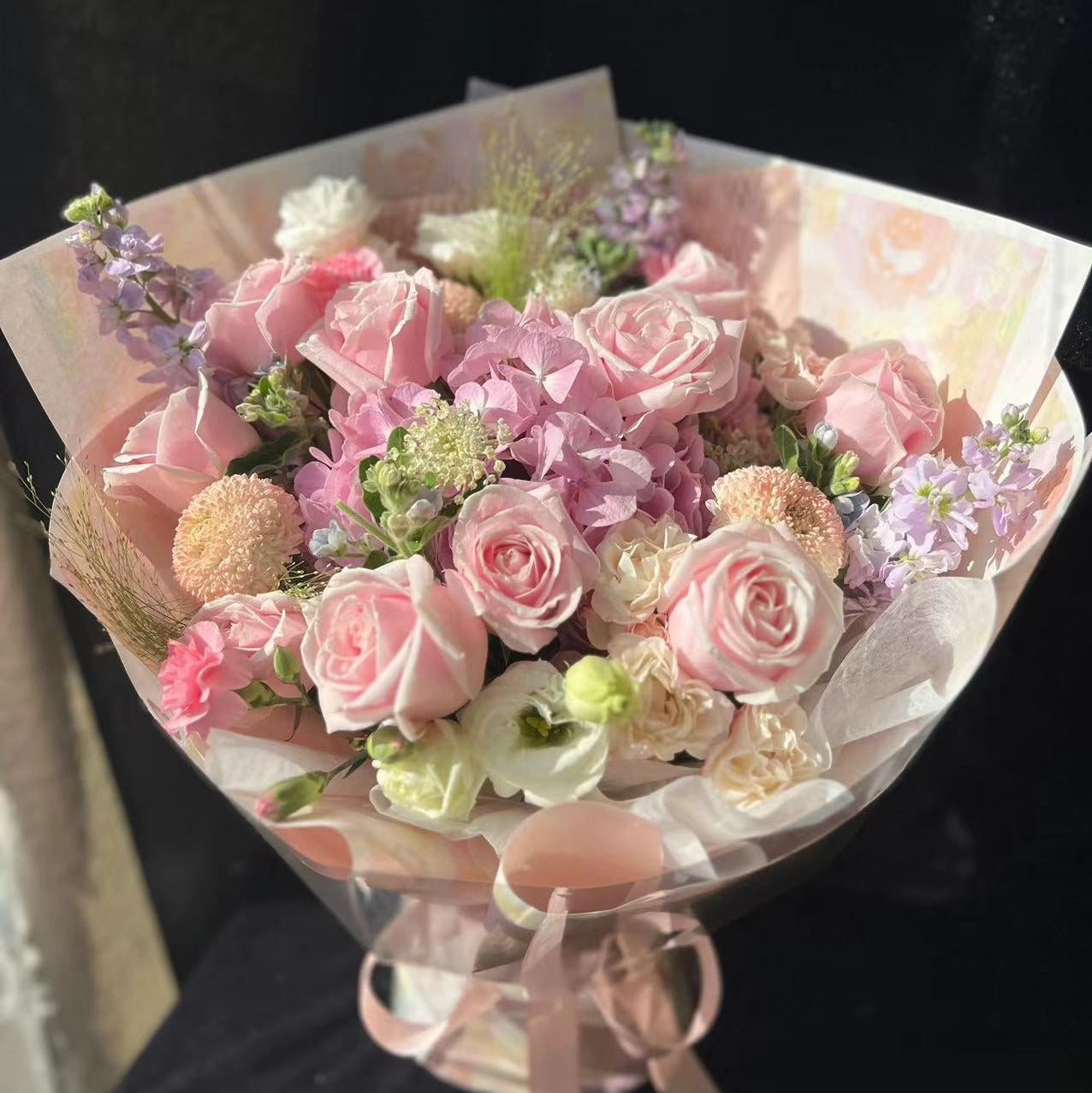 香港花店|Pink Bouquet 粉玫瑰繡球鮮花 即日送貨