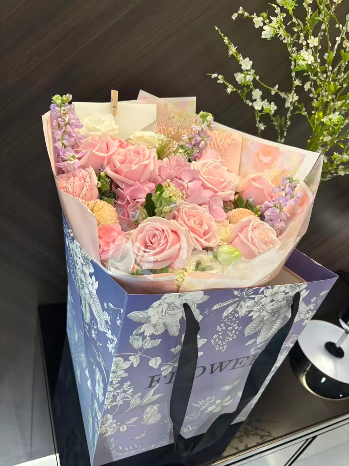 香港花店|Pink Bouquet 粉玫瑰繡球鮮花 即日送貨