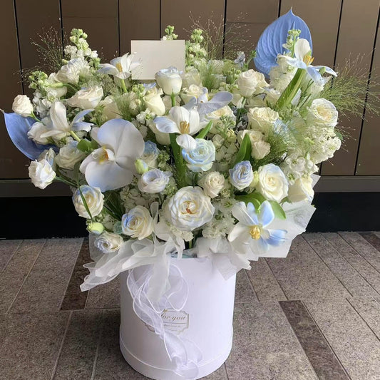 香港花店|Blue Rose Flower Box藍色系花桶 藍白玫瑰花盒b33