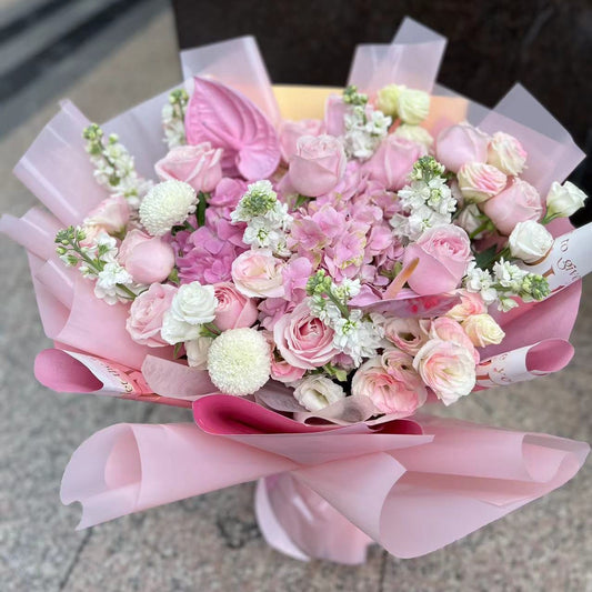 Hong Kong florists|Pink Bouquet 粉玫瑰粉粉繡球鮮花 即日送貨
