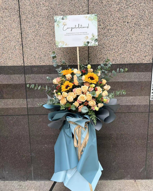 香港花店|開張花籃 喬遷花籃  開業花籃 藍色花籃 太陽花 Opening Basket