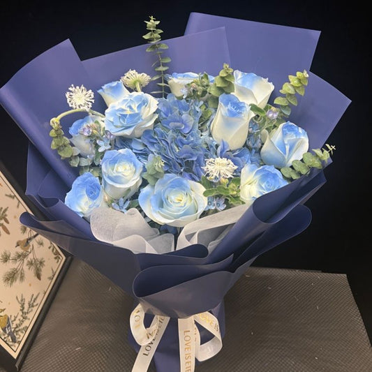 Hong Kong florists|Blue Bouquet Hydrangea藍繡球藍玫瑰鮮花 即日送貨