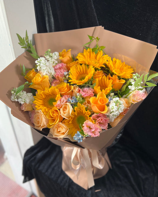 Orange Bouquet橙色花束 太陽花香檳玫瑰大花束