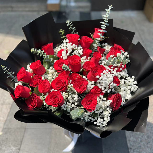 香港花店|Red Bouquet red roses 紅玫瑰滿天星花束  即日鮮花